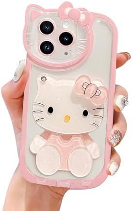 USUGER Cute Kawaii Cartoon Phone Case for iPhone 16 Plus Built-in Makeup Mirror for Women Girls, Soft Silicone Transparent Protective Phone Case for iPhone 16 Plus 6.7 Inch, Pink