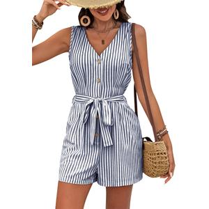 Sumtory Sleeveless Rompers for Women Summer Beach Romper Shorts Button Up V Neck Striped Linen Jumpsuit Navy S (S)