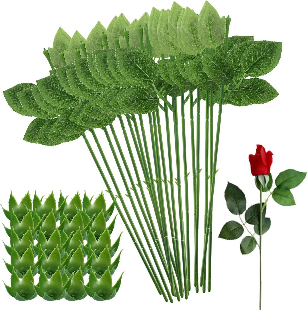 20PCS Floral Wire Stem with Leaves and 20PCS Artificial Flower Calyxes Set, for Floral Rose Arrangement, DIY Craft Bouquet Making, and Florist Supplies