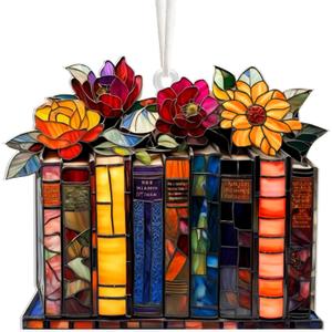 Book Lovers Gifts for Women, Valentines Day Gifts for Teacher, Librarian, Reader, Bookworm, Book Ornament Faux Stained Glass Window Hanging, Bookish Gifts Stocking Stuffer Decor (Floral Shelf)