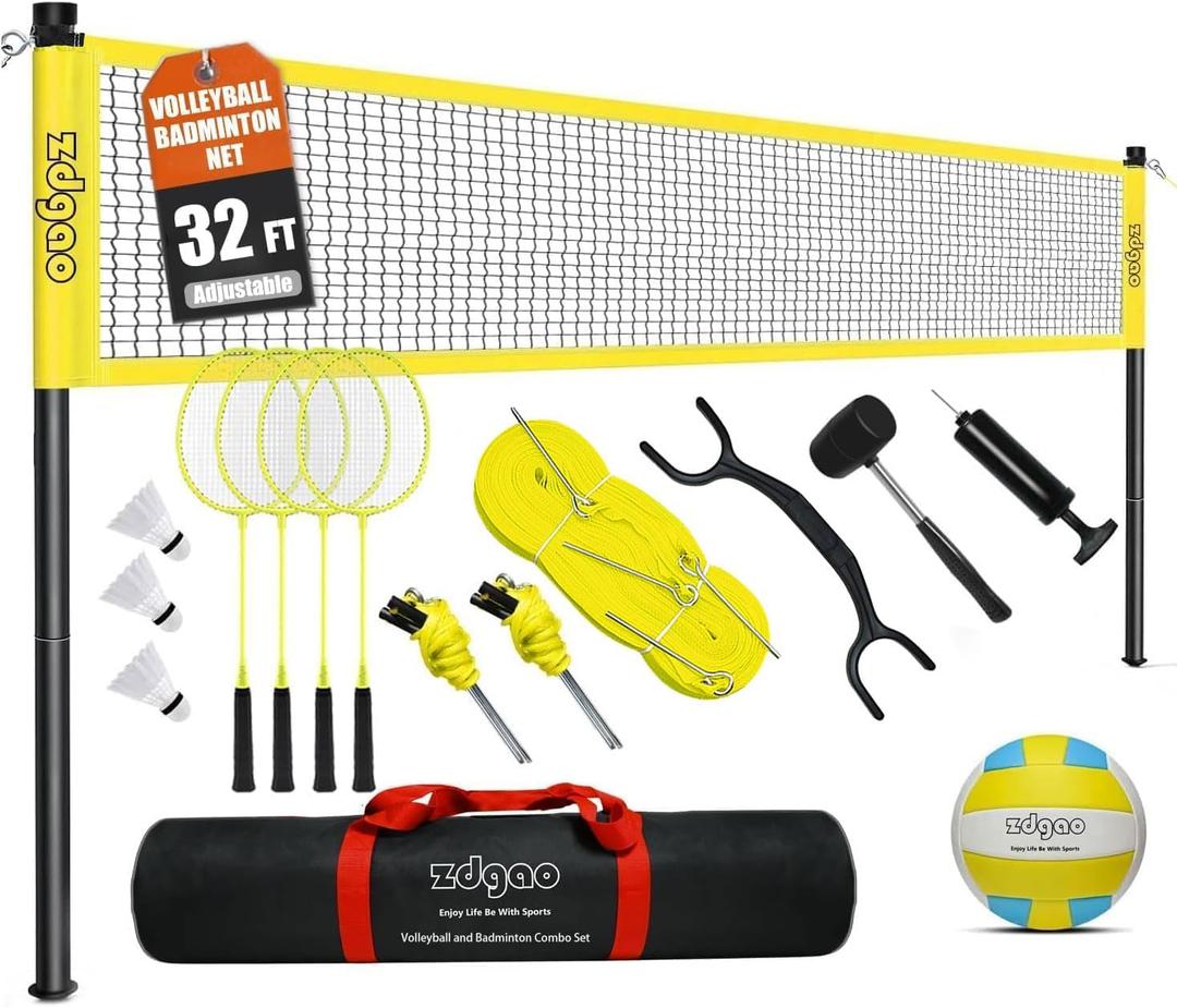 Zdgao Volleyball and Badminton Combo Set for Backyard - 20FT/32FT Volleyball/Badminton Net with Adjustable Height Pole,Anti-Sag System,Volley Ball, Badminton Racquets,Boundary Line and Carry Bag