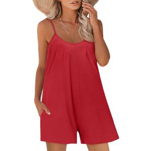 Tanou Summer Casual Rompers For Women 2025 Loose Comfy Short Jumpsuits Sleeveless One Piece Beach Jumpers With Pockets (Medium, Red)