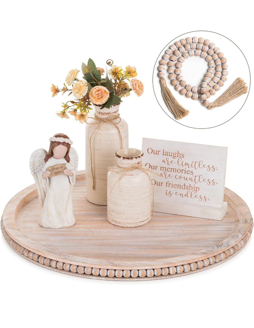 Hanobe Large Round Decorative Beaded Tray: Wood Coffee Table Tray with Beaded Garland Decor Rustic Pinkish Whitewashed Wooden Farmhouse Tray Decor for Counter Ottoman Centerpiece Candle Holder