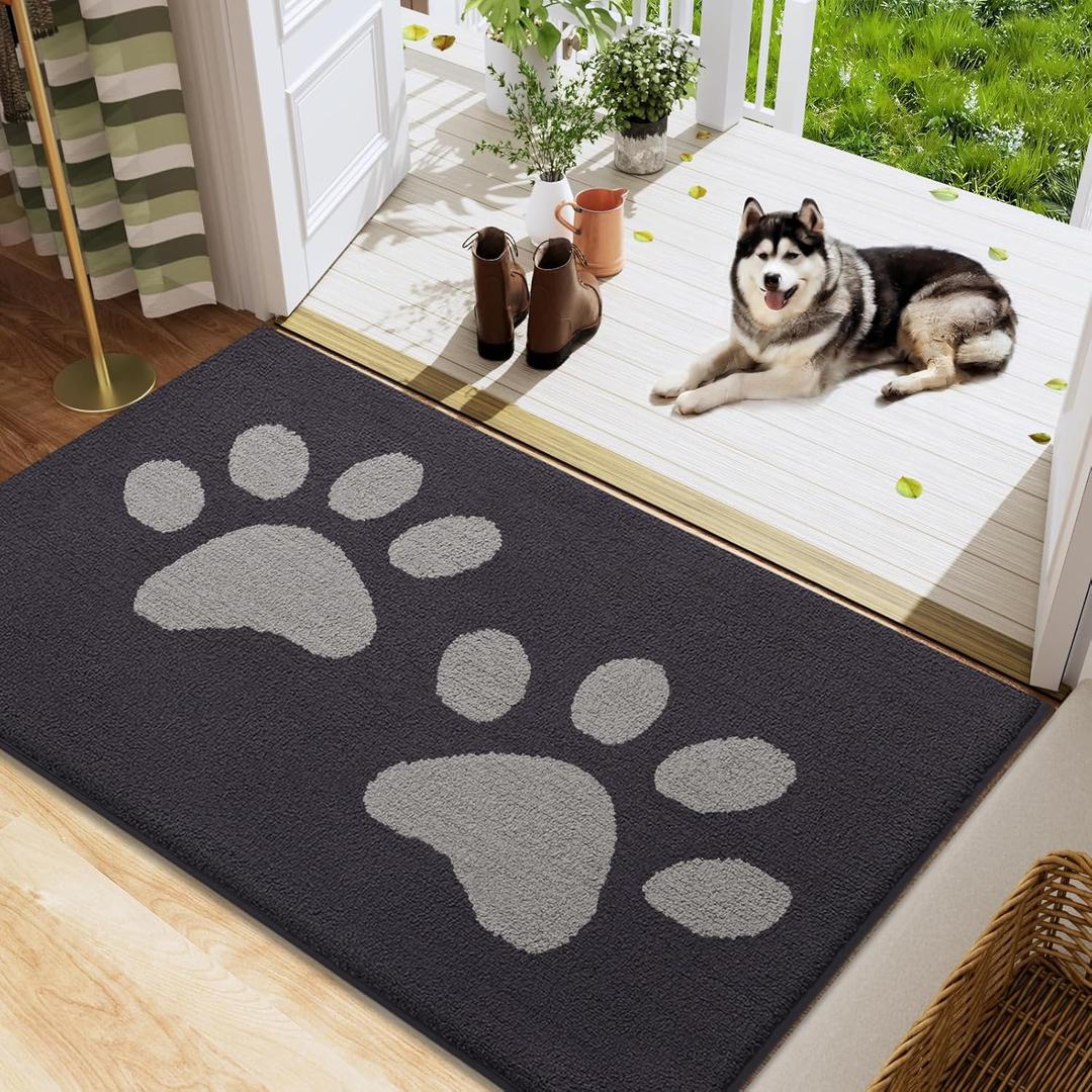 Buganda Dog Door Mat for Muddy Paws, Absorbent Dirt Trapper Washable Indoor Doormats, Non Slip Low-Profile Mud Mat for Dogs, Front Entrance Doormat for Inside Floor (48x30 Inches, Dark Grey)
