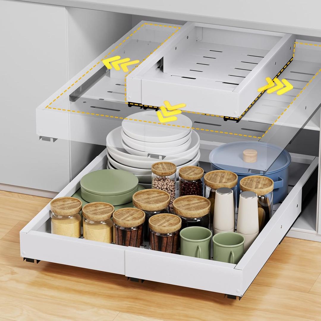 Pull Out Cabinet Organizer, Expandable Width (11.4"-18.9") Depth (16.3"-21.7") Pull out Drawers for Cabinets with 3 Rails, No Drill Adhesive Film or Nail Fixed Slide out Drawers for Kitchen, Pantry