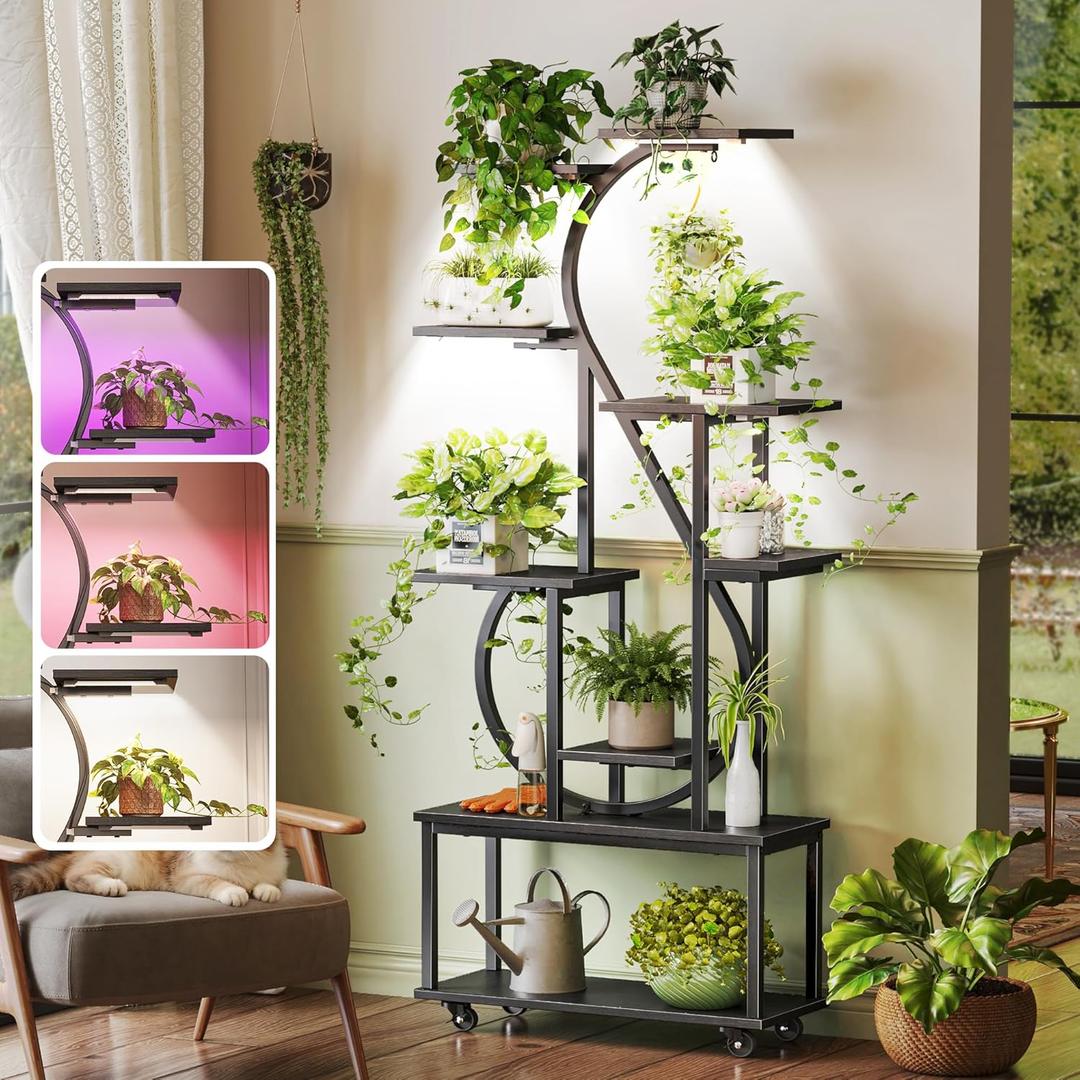 PRAISUN 65 Inch Plant Stand with Grow Light, 9 Tiered Indoor Plant Shelf with Larger Flower Holder, Music Note-shaped Stand with Top Ring Hook , Corner Plant Rack for Living Room, Black