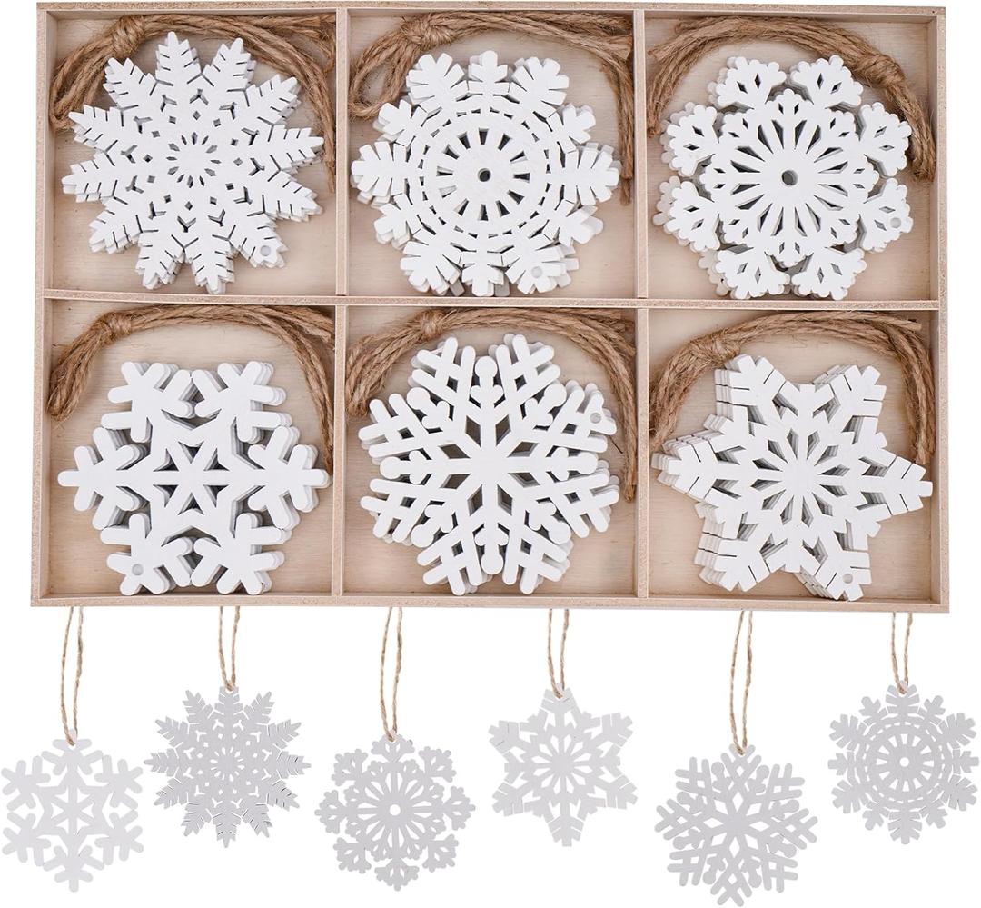 30Pcs Wooden Snowflake Ornaments, White Christmas Tree Hanging Decorations DIY Craft Wood Cutouts for Xmas, Rustic Unfinished Wood Snowflakes with Twine for Crafts and Holiday Decor