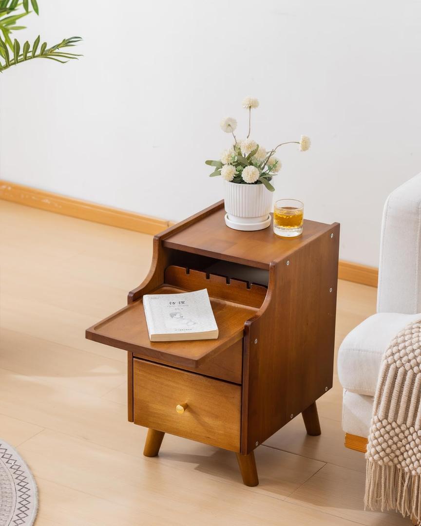 Narrow Nightstand, Solid Wood Night Stand for Small Spaces, Couch, Walnut Color 11.81in Wide