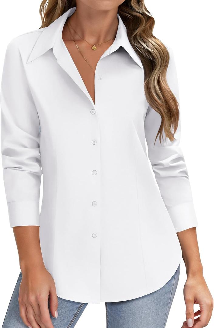 HOTOUCH Women Button Down Shirts Long Sleeve Stain Shield Dress Shirts Slim fit Work Blouses Office Business Tops, XL
