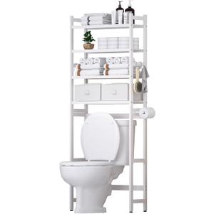 Over The Toilet Storage with 2 Baskets, 4-Tier Bamboo Organizer Rack with Paper Holder & 4 Hooks & Waterproof Feet Pad, Freestanding Shelf for Bathroom(White)
