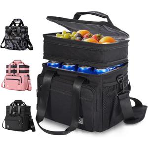 Double Deck Large Lunch Box for Women, Expandable Black Adult Lunch Box with Shoulder Strap, Leakproof Insulated Black Lunch Bag, 24 cans Adult Lunch Bag, Womens Lunch Bags for Work Travel Hiking