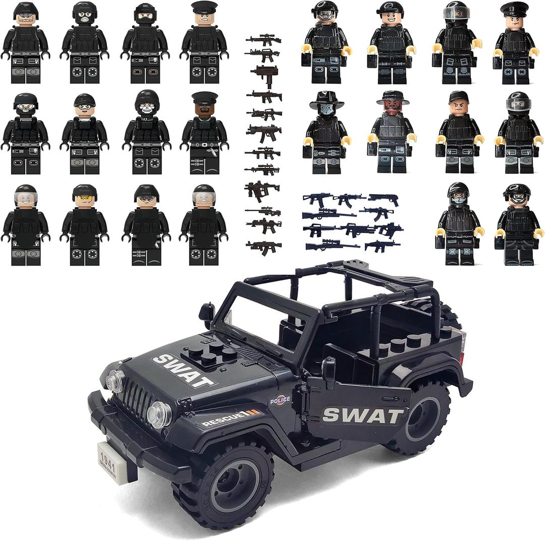 Toysvill SWAT Military Police Building Block Set for Kids | SUV + Soldiers Mini figures (22 PCS) with Weapons and Accessories Gift