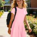 Girls Short Sleeve Dresses Crew Flowy Twirl School Casual Summer Midi Basic Dress Pockets for 7-14 Years Teen Girl, (9-10Y) (Pink)