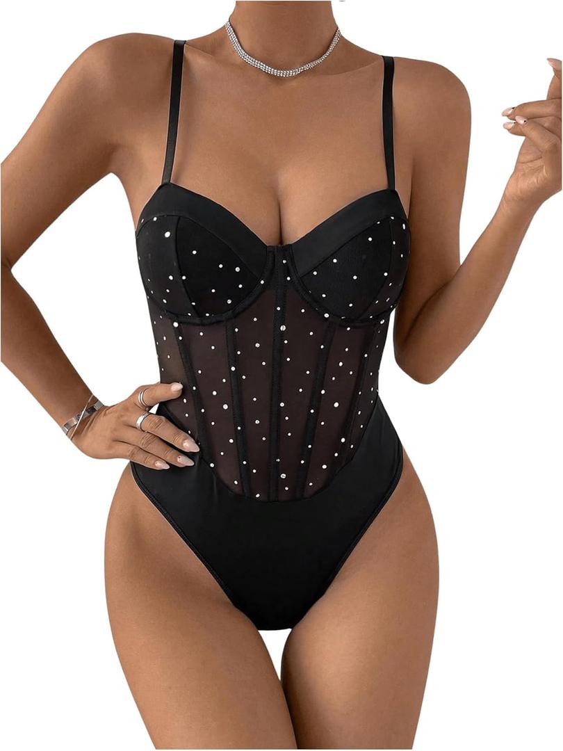 SweatyRocks Women's Corset Bodysuit Mesh Sheer Sleeveless Cami Jumpsuit Shirts Tops (Large, Black)