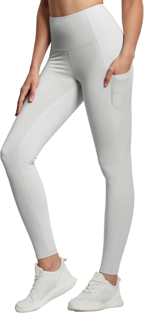 THE GYM PEOPLE Thick High Waist Yoga Pants with Pockets, Tummy Control Workout Running Yoga Leggings for Women (Medium, Bright Grey)