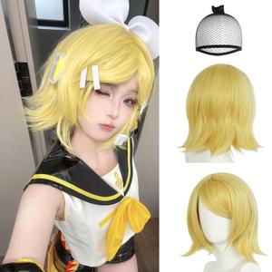 JoneTing Women Short Blonde Wavy Wig+Hair Cap Yellow Wig with Bangs Shoulder Length Blonde Wigs Short Yellow Hair for Cosplay Halloween Theme Party Costume Outfit
