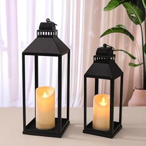 MATAHUM 17" 13" Lanterns Decorative Indoor Outdoor, Set of 2 Modern Farmhouse Metal Black Lantern with Candles, Boho Rustic Decor Decorative Lanterns for Mantle, Fireplace, Patio, Porch, Home Decor