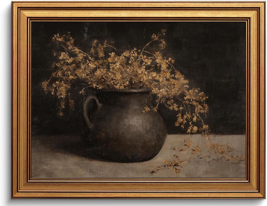 Gold Framed Wall Art Vintage Moody Floral Canvas Art Prints Dark Botanical Paintings Wall Decor Fall Rustic Farmhouse Artwork French Country Cottage Pictures for Living Room Bathroom 16x24in