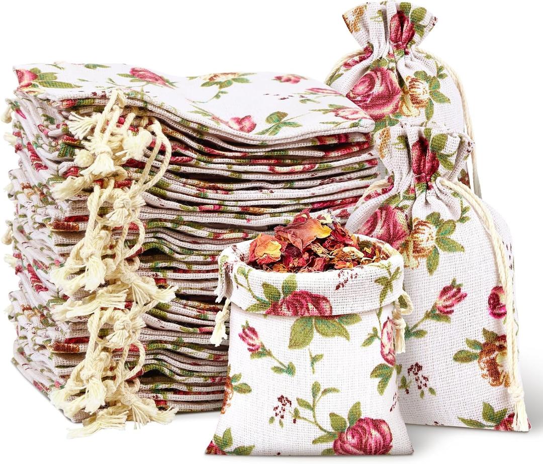 Pangda 100 Pcs Small Size Rose Drawstring Bags 3.9 x 5.3 Inches Burlap Flower Pouch Linen Aromatherapy Gift Bags Pouches for Jewelry Business Wedding DIY Craft Party