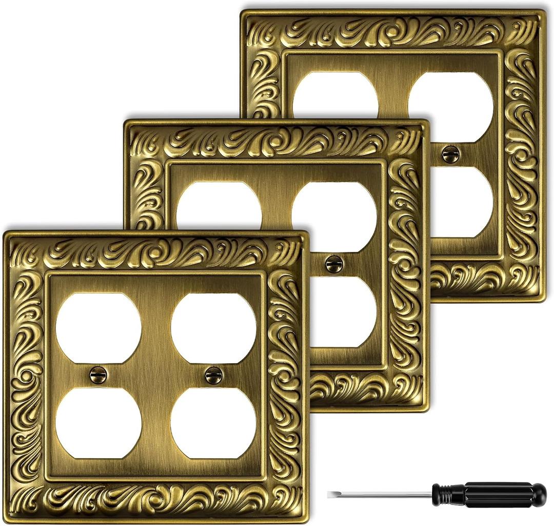 Antique Brass Decorative Wall Plate Light Switch Cover Decorator Outlet Covers Rocker Switch Plates Metal Material Wall Plates for Kitchen Bathroom (2 Gang Duplex-3 Pack)