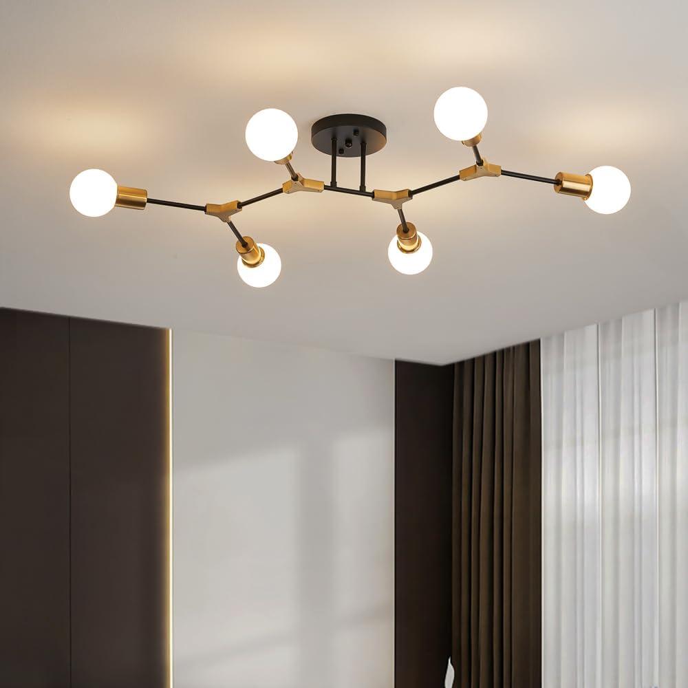 Modern Gold and Black Sputnik Semi Flush Mount Ceiling Light Fixture for Dining Room Living Room Bedroom Kitchen Closet Hallway Aisle, Mid Century Metal 6 Light Chandelier