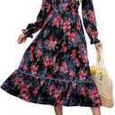 ZAFUL Women's 2025 Long Sleeve Square Neck Fall Boho Floral Midi Dress High Waist Flowy A Line Tiered Wedding Guest Dresses (Black)