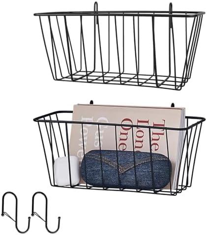 2 Pack Large Grid Wall Baskets with S-Hook - Gridwall Accessories Set Black Metal Hanging Shelf Basket Bins Organizer - Modular Storage Holders for Photo Display Panel Shelving Caddy for Garage