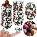 Funtery 600 Pcs Christmas Cupcake Liners Mini Muffin Liners Paper Candy Cups 1.3 Inch Holly Print Baking Cups Small Xmas Cupcake Wrappers for Baking Truffles Chocolates Making(Holly)