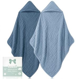 Looxii Baby Bath Towels 2 Pack Muslin Hooded Baby Towels for Newborn and Infants, 100% Cotton, Large 32x32Inch, Soft and Absorbent