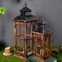 Large Farmhouse Decorative Wooden Lanterns Set of 2, Rustic Burnt Wood Floor Lanterns, Indoor/Outdoor Hurricane Lanterns for Home Decor (No Glass)