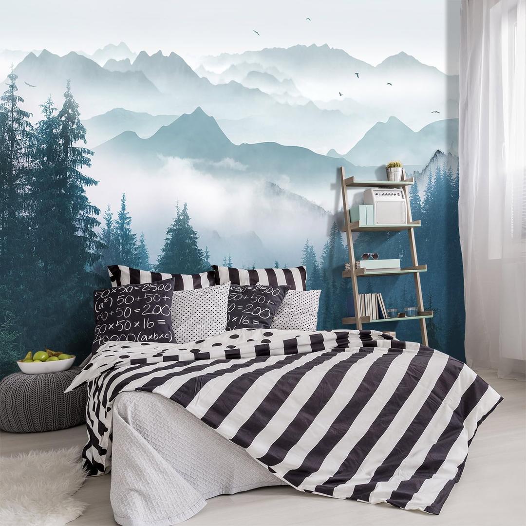 Foggy Forest Pine Scenery Fabric Wallpaper Living Room Bedroom Bathroom Mountain Large Wall Mural- 137"x96" not Peel and Stick