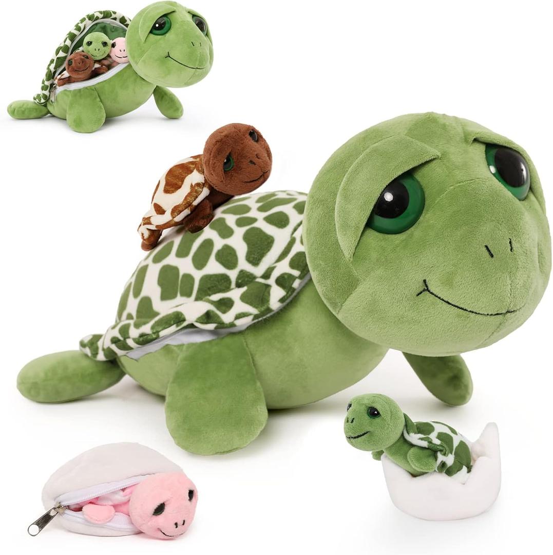 4Pcs Turtle Stuffed Animals with Babies Inside Shell,Sea Turtle Plush Toy 14'',Stuffed Turtle for Kids,Plush Turtle for Birthday Christmas or Baby Shower,Turtle Pillow,Tortoise Plush Toys (Sea Turtle)