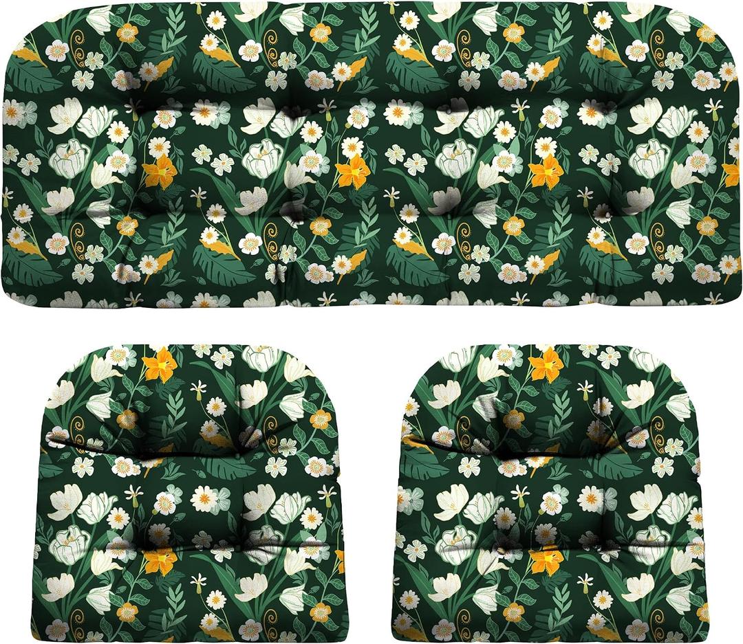 DANGHOOGY Wicker Chair Cushions, Waterproof Outdoor Loveseat Cushions for Patio Furniture, Tufted Wicker Furniture Cushions, 1 Loveseat and 2 U-Shaped Cushions (Green Floral)