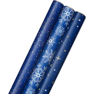 Hallmark Christmas Wrapping Paper Rolls - Navy Blue and Gold Stars, Snowflakes, Winter Galaxy Gift Wrap Paper (3 Rolls: 120 sq. ft. ttl.) for Holiday Parties, Hanukkah, Winter Weddings