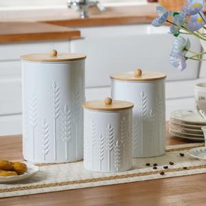 Kitchen Canister Set of 3 Tea Coffee Sugar Containers with Airtight Bamboo Lids Food Flour Storage for Countertop Metal White Ear of Wheat Pattern Embossed Farmhouse Decor