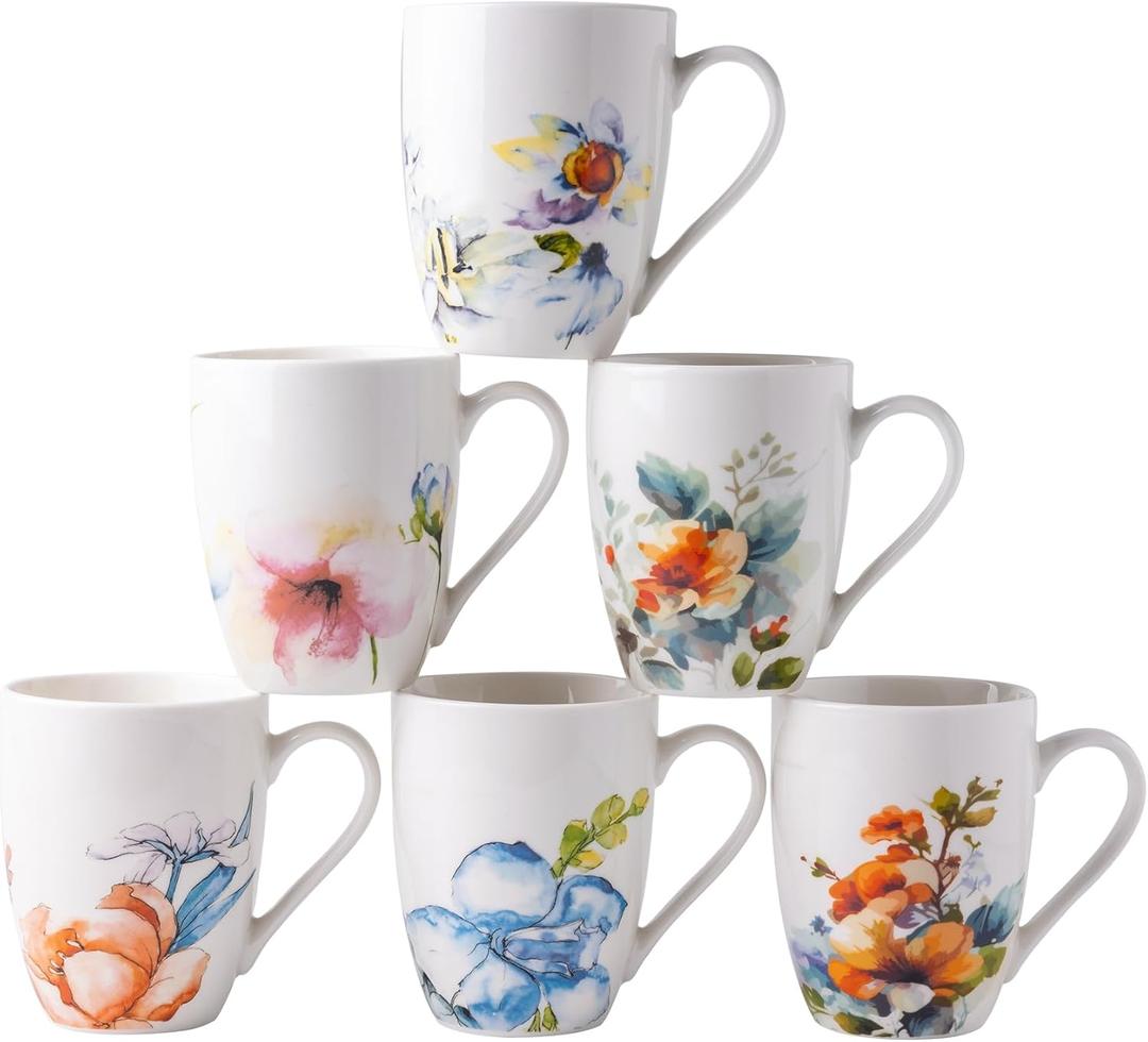 GBhome 12oz Coffee Mugs Set of 3, Ceramic Coffee Mugs with Decaled Flowers for Man Woman Mom Dad, Light Weight Coffee Mugs Set for Latte/Cappuccino/Cocoa/Milk, Dishwasher & Microwave Safe