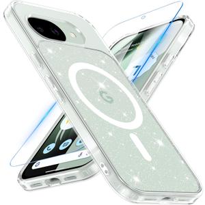 OWKEY for Google Pixel 10A Case, Magnetic Phone Case for MagSafe with Screen Protector, Clear Glitter Bling Sparkly Cover for Google Pixel 10A, Sparkle Clear