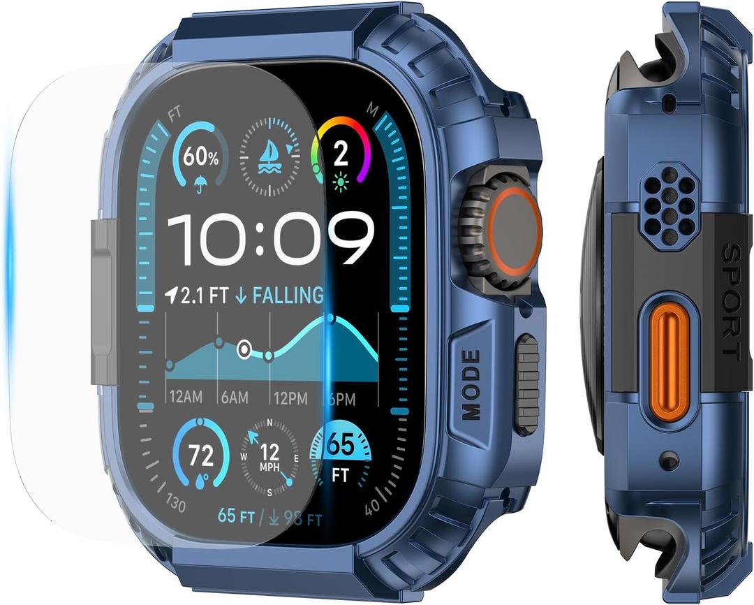 YIJDACASE Rugged Waterproof Case for Apple Watch Ultra 3/2/1 49mm with Screen Protector,Metal & PC Bumper+9H Tempered Glass,Stylish Shockproof Cover for Sports, Blue