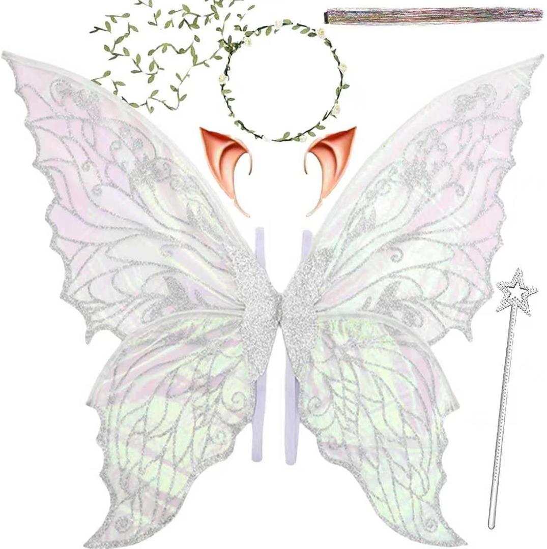 Fairy Wings for Adults and GirlsFairy Costume Set with Floral Garland, Fairy Hair Tinsel, Wand & Elf Ears  29"x21" Organza Butterfly Wings  Ideal for Cosplay, Party, Silver