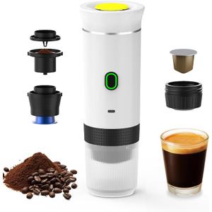 Decdeal Cordless Coffee Machine for Car Home Travel 3 in 1 Electric Coffee Maker Work With Capsule and Ground Coffee 15Bar Mini Cold Brew and Heating Coffee Maker with 150ml Cup (White)