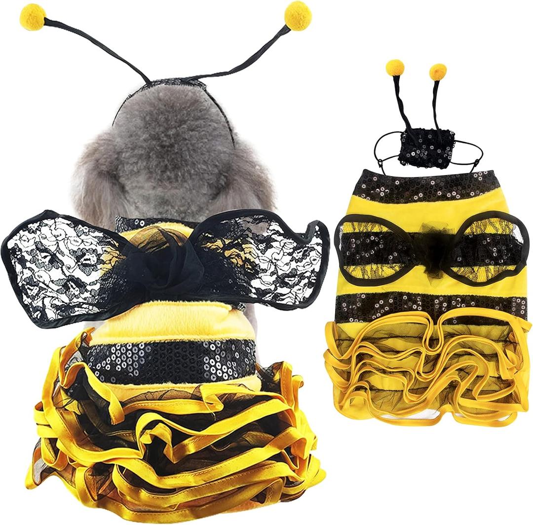 Dog Halloween Costumes Bee Dog Clothes, Bumblebee Dress for Small Medium Dogs Cats, Funny Pet Outfit Apparel with Cap for Christmas, Birthday Party Special Events Photo Props Dress Up