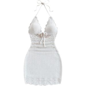 GORGLITTER Women's Crochet Halter Mini Dress Bow Backless Bodycon Knit Dresses Summer Festival Outfits (Large, White)