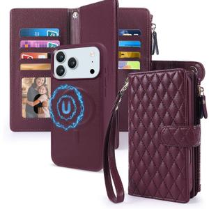 Harryshell 2 in 1 for iPhone 17 Air Wallet Case Magnetic Compatible with Magsafe RFID Blocking Card Holder Detachable Phone Cover Zipper Purse Kickstand Wrist Strap for Men Women Quilted Burgundy
