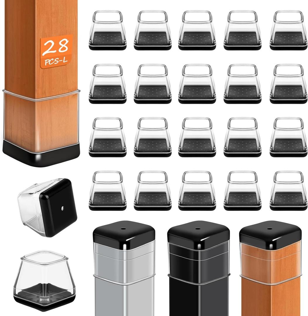 28 Pcs Chair Leg Sliders for Carpet Rug, Square Chair Leg Floor Protectors Glides, Dining Room Furniture Foot Caps, Silicone Covers with Plastic Pads, No Scratches (Fit:1-1/8"~1-7/16", Clear)