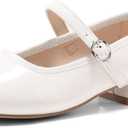 Coutgo Girls Dress Shoes Mary Jane Shoes Low Chunky Heel Flower Girl Wedding Party Flats for Big Kids, White, Size 4