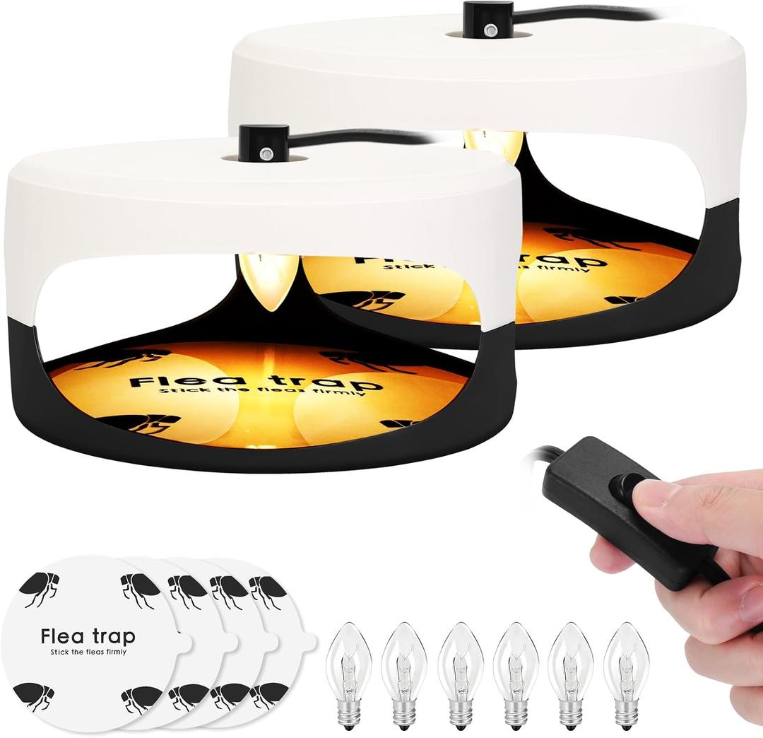 2 Pack Flea Traps for Inside Your Home, Indoor Flea Light Bed Bug Killer with 6 Light Bulb & 4 Sticky Pads Refills & Switch, Odorless Natural Insect Trap for Kid Pet, Safer Than Sprays & Powders (Black)