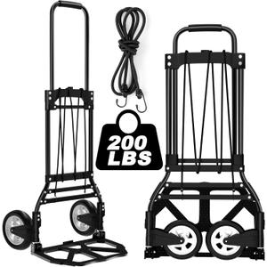Folding Hand Truck and Dolly, 200 LB Capacity Upgraded Aluminum Dolly Cart, Extended Handle Portable Hand Truck for Travel, Moving, Shopping, Office Use, Black