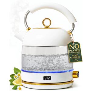 White Electric Tea Kettle with Temperature Control - 1500W Fast Hot Water Boiler and Warmer - White and Gold Electric Kettle with Keep Warm Function, BPA-Free Glass Body, Stylish Design, Auto Shut-Off