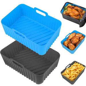 Silicone Air Fryer Liners Rectangle 2 Pack 8.0 Inch Airfryer Liners 8-10 QT Dual Air Fryer Liners Reusable Pot Oven Liner Baking Tray, Air Fryer Basket Silicone Mat Bowl Air Fryer Accessories Kitchen (Blue+Gray)
