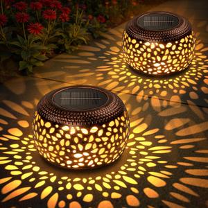 Solar Lanterns Outdoor Waterproof: 2 Pack Hollow Out Retro Metal Solar Lights - Decorative Atmosphere Table Lantern - Gifts for Women Mother's Day Garden Yard Patio Outside & Indoor Tabletop Decor (Copper)